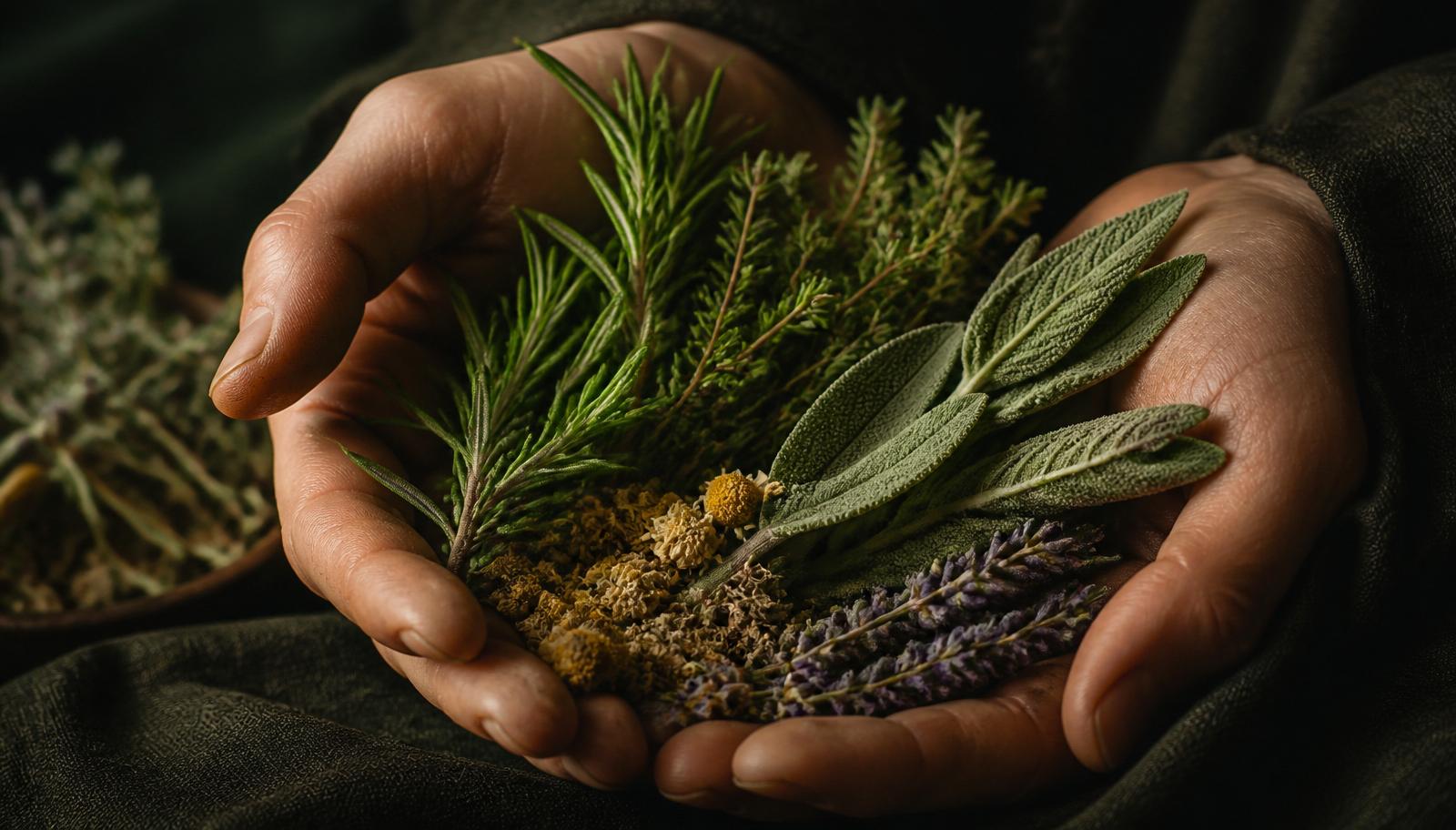 Hands cradling fresh medicinal herbs on dark linen